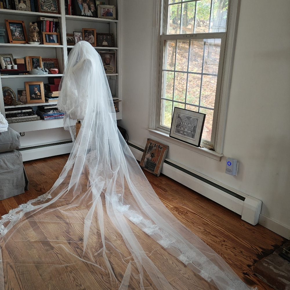 Elegant Off White Lace Veil With Blusher - Picture 9 of 10